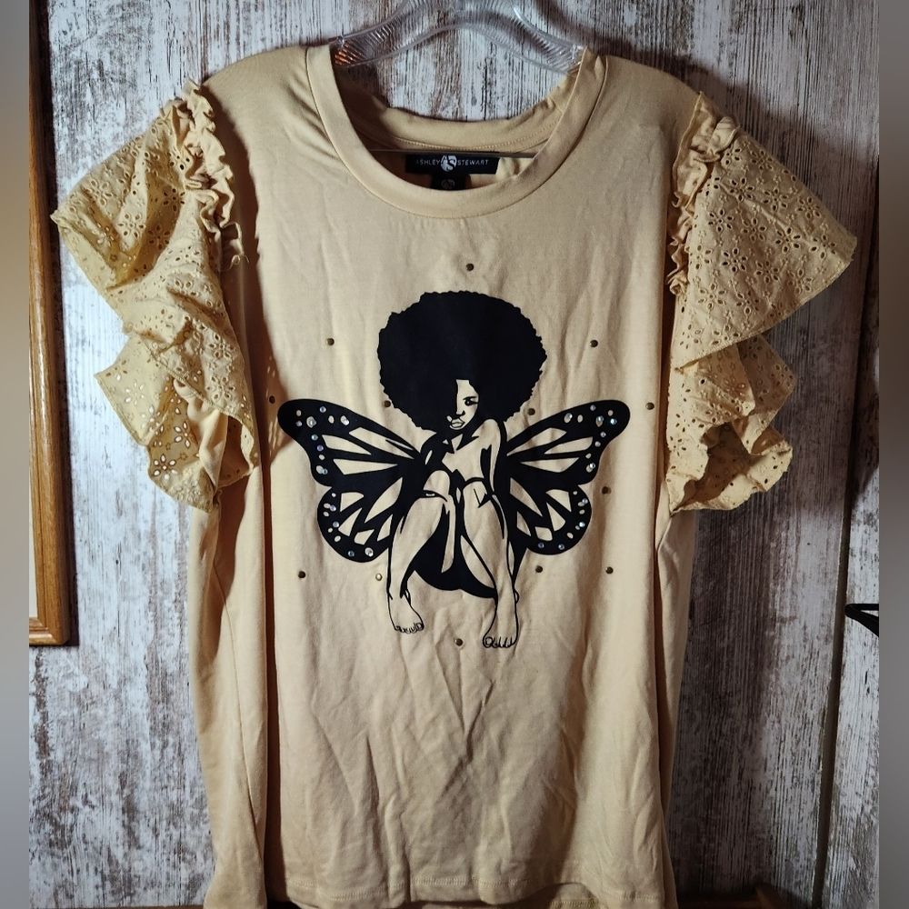 Ashley Stewart Yellow Beige Butterfly Flutter Tee Woman Afro Sprakle Wings